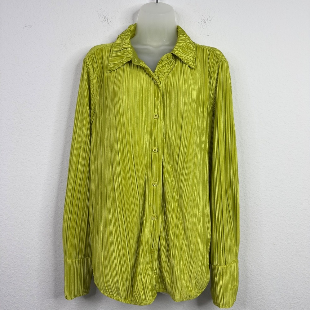 Good American Shirt Womens S/M Yellow Green Pleated‎ Retro Glam Artsy Maximalist